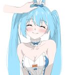  1girl 1other ^_^ animal_ears aqua_hair arahashi_tabi arms_at_sides bare_shoulders blue_bow blue_bowtie blue_leotard blush bow bowtie breasts cleavage closed_eyes closed_mouth commentary_request detached_collar fake_animal_ears frilled_leotard frills happy headpat highres korean_commentary large_breasts leotard long_hair multicolored_hair orange_bow out_of_frame playboy_bunny rabbit_ears simple_background smile solo_focus stellive straight_hair strapless strapless_leotard streaked_hair twintails upper_body virtual_youtuber wabtteong white_background white_streaks 