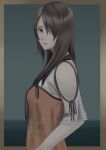  1girl absurdres bare_shoulders black_ribbon blurry blurry_background border breasts brown_border brown_eyes brown_hair clothing_cutout commentary_request day fatal_frame fatal_frame:_maiden_of_black_water floral_print from_side gradient_border hair_between_eyes hair_over_one_eye highres horizon kozukata_yuuri long_hair looking_at_viewer looking_to_the_side medium_breasts ocean orange_shirt outdoors outside_border overcast parted_lips print_shirt ribbon sardine0512 shirt short_sleeves shoulder_cutout sky sleeve_ribbon solo two-tone_shirt upper_body white_shirt 