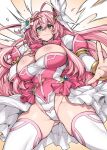  1girl absurdres ahoge aiuchi_runa ass_visible_through_thighs blush bow bowtie breasts cleavage closed_mouth commentary_request frills green_eyes groin hair_between_eyes hair_ornament highleg highleg_leotard highres huge_breasts juliet_sleeves legs_apart leotard long_hair long_sleeves looking_at_viewer magical_girl pink_bow pink_bowtie pink_hair puffy_sleeves resistear second-party_source seikou_tenshi_resistear skirt smile solo standing takatsuki_ichi thighhighs thighs very_long_hair white_thighhighs 
