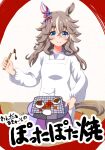  1girl animal_ears apron blue_eyes blush closed_mouth commentary_request ear_covers grey_hair hair_between_eyes highres holding holding_paint_palette holding_paintbrush horse_ears horse_girl horse_tail long_hair long_sleeves looking_at_viewer multicolored_hair musan_(mu34mi) paint_palette paintbrush school_uniform shirt smile solo streaked_hair tail tracen_school_uniform umamusume white_apron wonder_acute_(umamusume) 