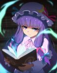  1girl blue_bow blurry book bookshelf bow bowtie capelet closed_mouth commentary_request crescent crescent_hat_ornament depth_of_field dress frilled_sleeves frills grimoire hair_bow hat hat_ornament highres holding holding_book long_hair long_sleeves looking_at_viewer magic mob_cap necono_(nekonosora1207) open_book patchouli_day patchouli_knowledge pink_bow pink_bowtie pink_capelet pink_dress pink_hat purple_eyes purple_hair smile solo touhou very_long_hair 