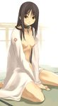  breasts collar copyright_request kneeling leash long_sleeves nagi_ryou open_clothes open_robe open_shirt robe shirt small_breasts smile solo 