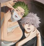  2boys black_shirt brown_eyes commentary_request cross_scar earrings fingernails green_hair hair_between_eyes highres holding_razor_blade jewelry kanzaki_kaoru kaohom503 male_focus mirror multiple_boys open_mouth phantom_busters purple_hair putting_on_earrings putting_on_jewelry razor_blade reflection reflection_focus scar scar_across_eye scar_on_face shaving shaving_beard shaving_cream shirt t-shirt tamon_kotarou tank_top upper_body white_tank_top 
