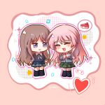  2girls ? absurdres bag bang_dream! bang_dream!_it's_mygo!!!!! blue_shirt blue_skirt blue_socks blush brown_hair cake cake_slice chihaya_anon chinese_commentary closed_mouth commentary_request fang food green_necktie green_skirt grey_eyes grey_jacket grey_neckerchief haneoka_school_uniform heart highres jacket long_hair long_sleeves multiple_girls nagasaki_soyo neckerchief necktie open_mouth outline pink_hair plaid_clothes plaid_skirt pleated_skirt school_uniform shirt shoes shoulder_bag sidelocks skirt socks sokat tsukinomori_school_uniform white_outline 