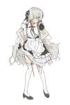  1girl :< alternate_costume apron black_dress black_ribbon commentary_request dress enmaided frilled_apron frilled_dress frills grey_eyes grey_hair hair_over_one_eye high_heels highres isekaijoucho kamitsubaki_studio light_blush long_dress maid maid_apron multicolored_hair one_eye_covered puffy_short_sleeves puffy_sleeves red_hair ribbon short_sleeves sidelocks thighhighs waist_apron white_apron white_thighhighs white_trim yuririn_(549593325) 