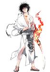  black_hair copyright_request fire japanese_clothes kimono long_sleeves male_focus miyama_waka obi samurai sandals sash solo spiked_hair 