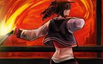  1girl arched_back baseball_bat baseball_cap black_hair black_jacket black_pants colored_inner_hair commentary cowboy_shot crop_top cropped_shirt drill_hair fence fingerless_gloves from_behind gloves hat highres holding holding_baseball_bat jacket kasane_teto letterman_jacket light_blush lips long_sleeves looking_ahead median_furrow multicolored_hair nostrils outdoors pants parted_lips profile puffy_long_sleeves puffy_sleeves raglan_sleeves red_eyes red_gloves red_hair red_hat red_shirt red_sky s4ltirian shaded_face shirt short_hair sidelocks sky solo standing synthesizer_v twin_drills twitter_username two-tone_hair utau white_sleeves wind yararara_(synthesizer_v) 