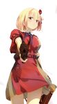  1girl absurdres aiming aiming_at_viewer blue_ribbon closed_mouth commentary_request dress hair_ribbon highres lycoris_recoil lycoris_uniform neck_ribbon nishikigi_chisato red_dress red_eyes red_ribbon ribbon sengoku_chidori simple_background solo white_background 