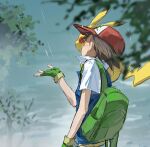 1boy aihara-rina ash_ketchum backpack bag baseball_cap black_hair blue_jacket branch commentary_request fingerless_gloves from_side gloves green_gloves hat highres jacket looking_up male_focus on_shoulder open_hand outdoors pikachu pokemon pokemon_(anime) pokemon_(classic_anime) pokemon_(creature) rain short_hair short_sleeves sky upper_body 