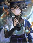  1boy anemo_symbol_(genshin_impact) armor belt black_belt black_bodysuit black_bow black_bridal_gauntlets black_hair black_shorts blue_cape blue_hat blue_jingasa blue_kimono blue_sleeves blunt_ends bodysuit bow branch bridal_gauntlets bright_pupils cape choppy_bangs closed_mouth colored_inner_hair commentary_request covered_collarbone end_s2 expressionless eyeliner feathers fire furisode genshin_impact gold gold_ring hakama hakama_shorts hand_up hat highres holding holding_branch japanese_armor japanese_clothes jingasa juban kimono kote kurokote layered_sleeves looking_at_object makeup male_focus mandarin_collar middle_ring multicolored_hair open_clothes open_kimono pleated_shorts pom_pom_(clothes) purple_eyes purple_hair purple_rope purple_sash red_eyeliner rope sash scaramouche_(genshin_impact) short_sleeves shorts shoulder_peek side_cape solo tsurime upper_body vision_(genshin_impact) wanderer_(genshin_impact) white_hair white_kimono white_pupils white_sleeves yellow_feathers 