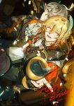  2boys ahoge alhaitham_(genshin_impact) aqua_eyes aqua_hair arm_around_neck arm_up artist_name ascot black_gloves black_jacket black_pants blonde_hair cake cape closed_eyes confetti couch cowboy_shot cup dated earrings english_commentary english_text feather_hair_ornament feathers food genshin_impact gloves gold_earrings gold_ring grey_hair hair_between_eyes hair_ornament hair_over_one_eye happy happy_birthday highres holding holding_cup icing indoors jacket jewelry kaveh_(genshin_impact) lapels long_sleeves male_focus medium_hair multicolored_hair multiple_boys multiple_rings on_couch open_clothes open_jacket open_mouth pants plate red_cape red_pupils ring shirt short_hair sitting smile streaked_hair table teeth tongue water white_ascot white_shirt yui_hakuchuumu 