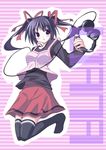  :o bad_id bangs black_legwear blush breasts camisole eyebrows_visible_through_hair full_body hair_ribbon headphones headphones_removed holding holding_headphones horizontal-striped_background horizontal_stripes jumping long_sleeves looking_at_viewer looking_to_the_side medium_breasts no_shoes original parted_lips purple_eyes purple_hair red_ribbon red_skirt ribbon senmu skirt sleeveless solo striped striped_background striped_camisole thighhighs twintails zettai_ryouiki 