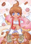  1girl 2000s_(style) asahina_aoi bandaid bandaid_on_knee bandaid_on_leg blue_eyes blush breasts brown_hair chu-chuns cloud danganronpa:_trigger_happy_havoc danganronpa_(series) dark-skinned_female dark_skin dessert donut food food_in_mouth green_shoes gym_shorts hair_ornament hairclip high_ponytail highres jacket medium_breasts pink_background ponytail red_jacket shirt shoes shorts signature sitting sneakers socks sprinkles whipped_cream white_shirt white_socks 
