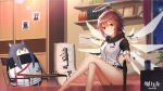  1girl angel animal_ears arknights bare_legs barefoot bed book bookshelf breasts brown_eyes chair character_doll chessboard crossed_legs dakimakura_(object) doctor_(arknights) doll exusiai_(arknights) feet_out_of_frame gun hair_between_eyes halo highres indoors jacket kriss_vector long_sleeves looking_at_viewer night panties photo_(object) picture_frame pillow red_hair shelf short_hair sitting smile solo submachine_gun table texas_(arknights) thighs underwear weapon white_jacket window wings zi_ye_(hbptcsg2) 