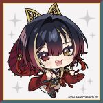  1girl agemaki_knot animal_on_shoulder asymmetrical_bangs asymmetrical_hair belt black_hair blonde_hair boots border brocade chain chain_earrings chibi chibi_only closed_eyes clothing_cutout colored_inner_hair commentary copyright_logo copyright_notice earrings epaulettes floral_print full_body gold_border gold_buckle gold_embroidery gold_trim gradient_thighhighs green_belt green_boots green_border green_lining green_thighhighs hair_ornament half-skirt hebi-san(kannagi_loki) heterochromia holding holding_umbrella japanese_clothes jewelry kannagi_loki kimono leaf_print logo long_hair looking_at_viewer merchandise_available multicolored_hair obi obijime official_art oil-paper_umbrella open_mouth parted_bangs phase_connect print_thighhighs red_border red_eyes red_hair red_nails red_robe red_rope red_thighhighs red_umbrella robe rope sash see-through_clothes see-through_skirt shinoda_mame shoelaces short_kimono simple_background single_earring single_thighhigh skirt smile snake snake_on_shoulder sparkle streaked_hair tassel thighhighs umbrella underboob_cutout virtual_youtuber white_background white_snake wide_sleeves yellow_eyes 