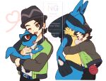  1boy :d ;d belt black_hair black_hat black_pants blue_belt blush brown_eyes commentary_request furry green_jacket hanao_nana hat heart holding holding_pokemon hug jacket lucario male_focus multiple_views one_eye_closed open_clothes open_jacket open_mouth pants paxton_(pokemon) pokemon pokemon_(creature) pokemon_legends:_z-a riolu shirt short_hair smile watermark white_background white_shirt 