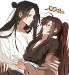  +++ 2boys ^_^ absurdres ahoge arrrds07 black_hair black_hanfu blush brown_eyes brown_hair carrying chinese_clothes closed_eyes closed_mouth commentary couple grandmaster_of_demonic_cultivation hair_ribbon hanfu headband high_ponytail highres hug lan_wangji laughing long_hair long_sleeves looking_at_another male_focus multiple_boys open_mouth pectoral_cleavage pectorals ponytail princess_carry red_ribbon ribbon robe sash sidelocks simple_background smile topknot upper_body wei_wuxian white_background white_hanfu white_headband white_sash wide_sleeves yaoi 