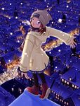  :d artist_request black_legwear blue_eyes brown_hair city coat hat long_sleeves night open_mouth original outstretched_arms pantyhose peaceful plaid plaid_skirt rooftop scarf skirt smile snow snowing solo spread_arms 