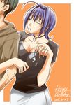  1girl 2005 black_hair blue_eyes choker cross dated greek_cross hair_intakes happy_birthday hayase_mitsuki kamishiro_kou kimi_ga_nozomu_eien locked_arms one_eye_closed orange_background purple_hair shirt short_hair sweat 