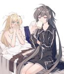  2girls absurdres after_sex ahoge bed blonde_hair blush breasts brown_necktie chinese_commentary coffee_mug collared_dress commentary_request covering_own_mouth cup dress drinking duel_monster ear_blush emptyayya flying_sweatdrops grey_hair hickey highres jacket long_hair long_sleeves looking_at_another mug multiple_girls necktie on_bed pillow purple_eyes scratches simple_background sitting sky_striker_ace_-_raye sky_striker_ace_-_roze sweat tears two-tone_dress under_covers very_long_hair white_background yu-gi-oh! yuri 