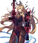  1girl abs absurdres armor bare_shoulders barghest_(fate) barghest_(second_ascension)_(fate) black_dress black_gloves blonde_hair breasts brown_pantyhose chain commentary dress earrings elbow_gloves fairy_sword_galatine fate/grand_order fate_(series) gauntlets gloves green_eyes haiinu heterochromia highres horns jewelry large_breasts long_hair looking_at_viewer muscular muscular_female pantyhose pauldrons pelvic_curtain red_eyes shoulder_armor single_gauntlet single_pauldron solo sphere_earrings sword thick_thighs thighs weapon 