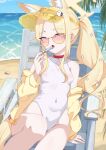  1girl animal_ear_fluff animal_ears bare_shoulders beach blonde_hair blue_archive chair commentary_request covered_nipples extra_ears fox_ears fox_girl halo jacket looking_at_viewer ocean official_alternate_costume official_alternate_hairstyle on_chair one-piece_swimsuit open_clothes open_jacket partial_commentary pink-tinted_eyewear pink_eyes seia_(blue_archive) seia_(swimsuit)_(blue_archive) side_ponytail sitting solo sumikoto sunglasses swimsuit tinted_eyewear visor_cap white_one-piece_swimsuit yellow_halo yellow_jacket 