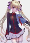  1girl artist_name black_jacket blonde_hair blue_capelet blush capelet chinese_knot closed_mouth clothes_lift collared_jacket commentary_request floating_hair hair_between_eyes highres jacket kyoto_xanadu lace-trimmed_thighhighs lace_trim lear_beresford long_hair long_sleeves looking_at_viewer miniskirt nu_bo_bo_o pleated_skirt purple_eyes school_uniform side_capelet signature skirt skirt_lift swept_bangs thighhighs twintails upper_body very_long_hair white_background white_skirt white_thighhighs 