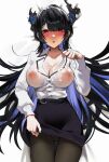  1girl absurdres artselmetti asymmetrical_horns bed_sheet black_hair black_panties black_pantyhose black_skirt blue_hair blush breasts cameltoe clothes_lift collared_shirt colored_inner_hair commentary cum cum_on_body cum_on_breasts cum_on_clothes dakimakura_(medium) flower high-waist_skirt highres hololive hololive_english horn_flower horns jewelry large_breasts long_hair looking_at_viewer lying mole mole_under_eye multicolored_hair nerissa_ravencroft nerissa_ravencroft_(casual) nipples no_bra office_lady official_alternate_costume official_alternate_hairstyle on_back panties pantyhose pencil_skirt ponytail red_eyes ring romaji_commentary shirt shirt_tucked_in skirt skirt_lift solo underwear uneven_horns very_long_hair virtual_youtuber white_shirt 