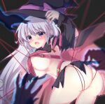  1girl arm_up ass ayachi_nene ayachi_nene_(witch) belt belt_bra bent_over black_cape black_hat black_skirt blush bow breasts cape commentary_request cowboy_shot detached_sleeves from_behind furrowed_brow gattengou glowing grey_hair hat hat_bow highres large_breasts long_hair long_sleeves looking_at_viewer looking_back miniskirt navel nipples open_mouth pink_belt pink_bow pov pov_hands purple_eyes pussy_juice restrained saliva sanoba_witch shiny_skin skindentation skirt solo sweat tearing_up thighs torn_clothes torn_skirt torn_sleeves two-sided_cape two-sided_fabric underboob very_long_hair witch_hat 