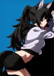  1girl absurdres alternate_costume animal_ear_fluff animal_ears black_hair black_shorts blue_background breasts brown_eyes cowboy_shot crop_top highres hololive kishishi_(kishiman-ya) ligne_claire long_hair looking_at_viewer medium_breasts ookami_mio ponytail red_hair shorts simple_background solo tail virtual_youtuber wolf_ears wolf_girl wolf_tail 