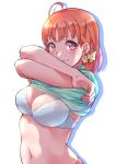  1girl ahoge aqua_shirt bangs blue_bra bow bra braid breasts crossed_arms drop_shadow hair_bow kanabun large_breasts lifted_by_self looking_at_viewer love_live! love_live!_sunshine!! navel orange_hair red_eyes shirt shirt_lift short_hair side_braid solo stomach takami_chika underwear undressing upper_body white_background yellow_bow 