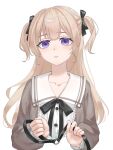  1girl bang_dream! bang_dream!_our_notes black_ribbon blonde_hair brown_dress dress highres holding holding_leash leash long_hair long_sleeves looking_at_viewer open_mouth pov purple_eyes ribbon shinomiya_shizuku shuoyu_fishtail simple_background two_side_up viewer_on_leash white_background 