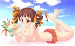  artist_request barefoot bikini breasts brown_eyes brown_hair cloud day drill_hair large_breasts maria-sama_ga_miteru matsudaira_touko ribbon shoes sideboob single_shoe solo swimsuit topless 