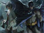  1boy 1girl annika_zeller bat_(animal) bat_mask batman batman_(series) batman_symbol belt black_cape black_gloves black_hair bodysuit breasts cape cleavage clenched_teeth comic_cover commentary cover cover_page cowl dc_comics glasses gloves grey_bodysuit hand_in_pocket highres lab_coat looking_to_the_side medium_breasts medium_hair muscular muscular_male official_art pants pink_shirt shirt signature stanley_lau superhero_costume taut_bodysuit taut_clothes teeth textless_cover_page utility_belt 