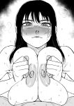  1boy 1girl absurdres blush breasts breasts_squeezed_together chainsaw_man cross_scar grabbing_own_breast greyscale hetero highres kaiman_garupan large_breasts light_smile long_hair looking_at_viewer monochrome naughty_face nipples nose_blush paizuri parted_lips pov pov_crotch ringed_eyes scar scar_on_cheek scar_on_face scar_on_nose sidelocks solo_focus steaming_body sweat white_background yoru_(chainsaw_man) 