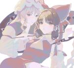  2girls ascot bare_shoulders blonde_hair bow brown_eyes brown_hair commentary_request detached_sleeves dress expressionless gap_(touhou) gohei hair_tubes hakurei_reimu hand_on_another's_chin hat hat_ribbon highres holding holding_gohei long_hair long_sleeves looking_at_viewer mepibow2 mob_cap multiple_girls nontraditional_miko parted_lips purple_eyes purple_tabard red_bow red_eyes red_shirt ribbon shirt sidelocks sleeveless sleeveless_shirt smile tabard touhou twitter_username white_background white_dress yakumo_yukari yellow_ascot 