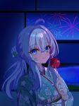  1girl absurdres ahoge blue_eyes blush breasts candy_apple closed_mouth commentary_request elaina_(majo_no_tabitabi) fireworks floral_print floral_print_kimono food green_kimono grey_hair hair_between_eyes highres holding holding_candy_apple holding_food japanese_clothes kimono komugi_233 long_hair looking_at_viewer majo_no_tabitabi print_kimono smile solo upper_body yukata 