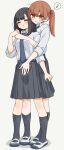  2girls black_hair black_necktie black_skirt black_socks blush brown_eyes brown_hair check_copyright commentary_request copyright_request grabbing_from_behind grey_background grey_shoes happy height_difference highres hime_cut hug kneehighs kopaka_(karda_nui) multiple_girls musical_note necktie original pleated_skirt school_uniform shirt shoes side_ponytail simple_background skirt socks speech_bubble spoken_musical_note standing uncommon_stimulation uwabaki white_shirt womb_massage yuri 