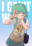  1girl :3 arms_up bag blue_background bow carrot_hair_ornament cellphone commentary egh_(ssquan) food-themed_hair_ornament gradient_background green_eyes green_hair green_nails green_skirt gumi hair_ornament hand_on_own_cheek hand_on_own_face hand_over_eye highres i_can't_wait_(synthesizer_v) jewelry ok_sign ok_sign_over_eye one_eye_closed pendant phone polka_dot polka_dot_bow shirt shoulder_bag sidelocks skirt solo song_name star_(symbol) striped_wristband sweater_vest vocaloid white_shirt wristband 