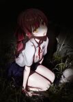  1girl alternate_costume blood blood_from_mouth blood_on_clothes blood_on_hand blood_on_knife blue_skirt bow bowtie boxcutter breasts collared_shirt commentary crazy_eyes dark grass hair_ribbon hands_on_ground head_tilt heart heterochromia highres holding holding_boxcutter holding_knife hololive horror_(theme) houshou_marine knife looking_at_viewer maimaiuxu medium_breasts medium_hair miniskirt parted_lips partially_shaded_face plant pleated_skirt raised_inner_eyebrows red_bow red_bowtie red_eyes ribbon school_uniform seiza shadow shirt shirt_tucked_in sidelocks sitting skirt skull solo swept_bangs thighs twintails twitter_username virtual_youtuber white_shirt yellow_eyes 