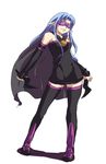  artist_request black_legwear blindfold blue_hair cape caster cosplay detached_sleeves dress fate/stay_night fate_(series) long_hair lowres pointy_ears rider rider_(cosplay) solo strapless strapless_dress thighhighs zettai_ryouiki 