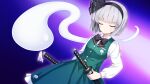  1girl absurdres black_bow black_bowtie black_hairband bow bowtie breasts closed_eyes closed_mouth collared_shirt facing_viewer frilled_skirt frills game_asset green_skirt green_vest grey_hair hairband highres hirano_katsuyuki hitodama holding holding_sword holding_weapon katana konpaku_youmu konpaku_youmu_(ghost) long_sleeves non-web_source official_art purple_background self-datamine sheath shirt skirt skirt_set small_breasts solo sword touhou touhou_spell_carnival unsheathing vest weapon white_shirt 