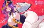  1girl artist_name blush breasts center_opening china_dress chinese_clothes claw_pose cleavage commentary_request commission criss-cross_strings crystal_earrings detached_sleeves dress earrings fang fingernails from_side gem hachirou_(crazy318) hanging_breasts hat highres huge_breasts indie_virtual_youtuber jewelry jiangshi long_fingernails long_hair looking_at_viewer mandarin_collar no_shoes ofuda ofuda_on_chest pelvic_curtain purple_eyes purple_gem purple_hair purple_nails qingdai_guanmao red_background revealing_clothes saliva skeb_commission skindentation solo sparkle spread_fingers thick_thighs thighhighs thighs tongue tongue_out very_long_fingernails virtual_youtuber white_thighhighs yuuri_(vtuber) 