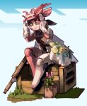  1girl absurdres animal animal_on_head antsinsipid aria_(robot)_(zenless_zone_zero) aria_(zenless_zone_zero) black_sclera blue_sky cloud cloudy_sky colored_sclera day flower green_eyes highres humanoid_robot joints looking_at_another minecraft minecraft_(style) on_head outdoors pink_hair robot robot_girl robot_joints sitting sky smile zenless_zone_zero 