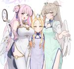  3girls alternate_costume angel_wings animal_ear_fluff animal_ears bird blue_archive blue_dress breast_envy breasts china_dress chinese_clothes cross_halo dress feathered_wings flat_chest fox_ears fox_girl girl_sandwich gradient_halo green_dress hair_bun halo hand_fan height_difference highres holding holding_fan large_breasts long-tailed_tit low_wings medium_breasts mika_(blue_archive) multicolored_halo multiple_girls nagisa_(blue_archive) pink_hair pink_halo ponporu ponytail sandwiched seia_(blue_archive) simple_background smile tea_party_(blue_archive) tit_(bird) tuanshan white_background white_bird white_dress white_wings wing_ornament wings yellow_halo 