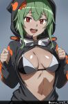  1girl bikini black_bikini black_jacket breasts commentary_request cowboy_shot digimon digimon_world_re:digitize goggles goggles_around_neck green_hair grey_background highres hood hood_up hooded_jacket jacket multicolored_bikini open_clothes open_jacket open_mouth orange_eyes shinomiya_rina simple_background solo sorameron swimsuit two-tone_bikini white_bikini 