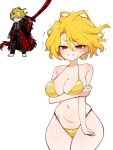  1girl @_@ arm_across_waist arm_under_breasts bikini blonde_hair blush breasts cleavage clenched_teeth commentary_request cowboy_shot curvy don_quixote_(project_moon) embarrassed gold_bikini hair_between_eyes half-closed_eyes highleg highleg_bikini highres large_breasts limbus_company looking_at_viewer navel otu_(o2h2_oh4) outie_navel project_moon red_eyes reference_inset short_hair simple_background solo standing sweat swimsuit teeth thighs white_background wide_hips 