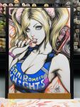  1girl 2019 blue_eyes breasts candy chainsaw cheerleader cleavage clothes_writing collarbone commentary crop_top english_commentary food highres holding holding_candy holding_food holding_lollipop inktober juliet_starling large_breasts lollipop lollipop_chainsaw looking_at_viewer marker_(medium) photo_(medium) pink_scrunchie scrunchie signature solo stanley_lau traditional_media twintails upper_body 