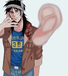  1boy bandaged_head bandages black_eyes black_hair blood blood_on_clothes blue_pants blue_shirt bomber_jacket brown_jacket closed_mouth commentary expressionless fingernails highres itou_kaiji jacket jikina long_hair long_sleeves looking_at_viewer male_focus meme pants scar scar_on_cheek scar_on_face severed_ear shirt simple_background solo throwing tobaku_mokushiroku_kaiji upper_body white_background woe_plague_be_upon_ye_(meme) 