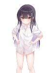  >:( 1girl :t absurdres black_hair colored_inner_hair hair_ornament hands_on_own_hips highres long_hair looking_at_viewer multicolored_hair naked_shirt no_pants original panties purple_hair shirt short_sleeves sidelocks striped_clothes striped_panties underwear v-shaped_eyebrows variant_set white_background white_shirt x_hair_ornament zhai_mi_xing_hui 